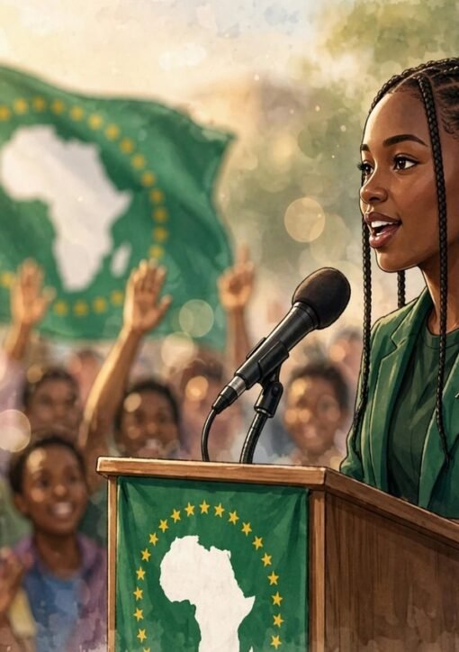 Vanessa Nakate AU youth envoy – editorial illustration of the Ugandan climate activist speaking before the African Union flag