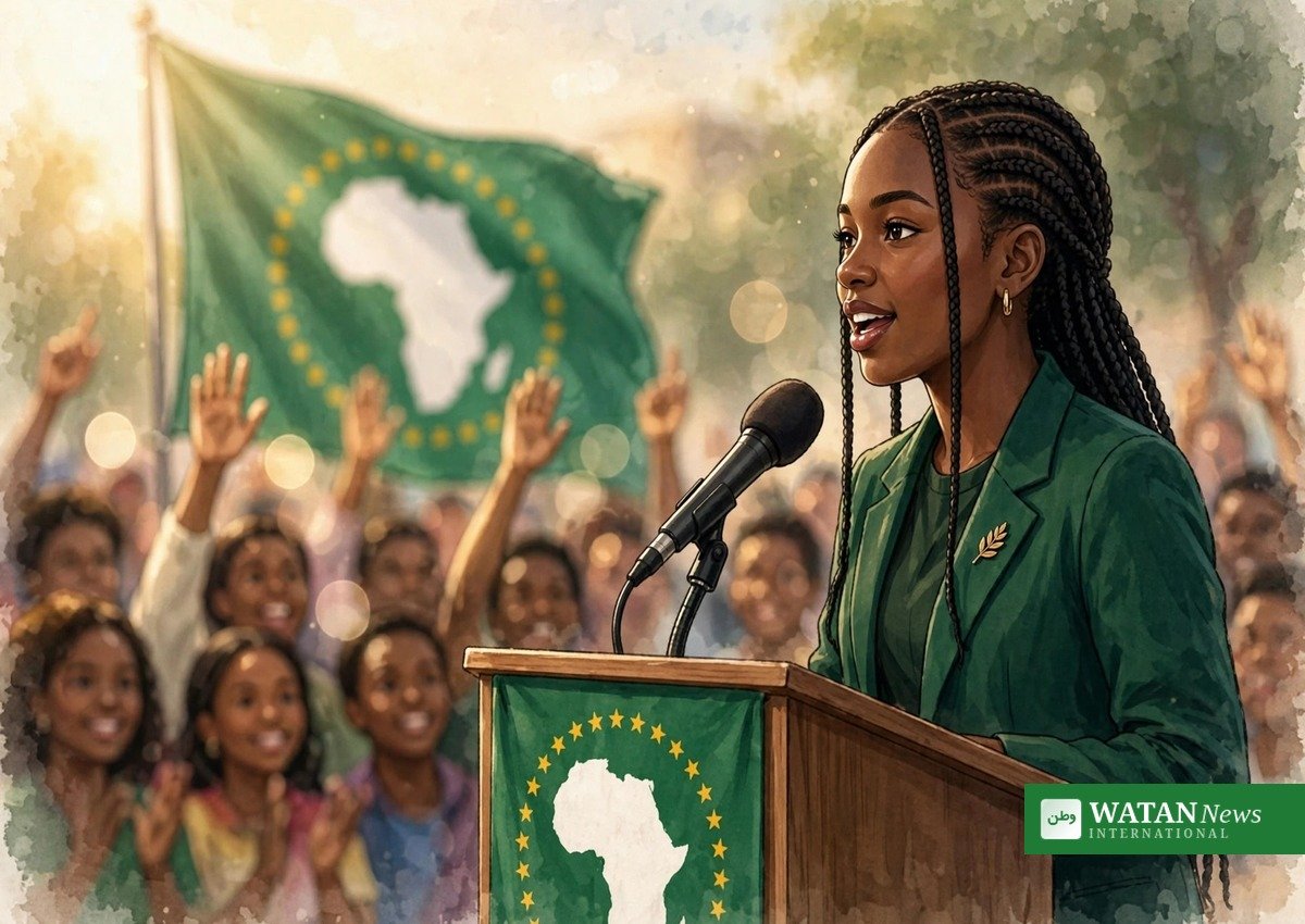 Vanessa Nakate AU ungdomsudsending – redaktionel illustration af den ugandiske klimaaktivist foran Den Afrikanske Unions flag
