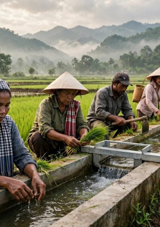 Cambodjanske småbønder arbejder i grønne rismarker