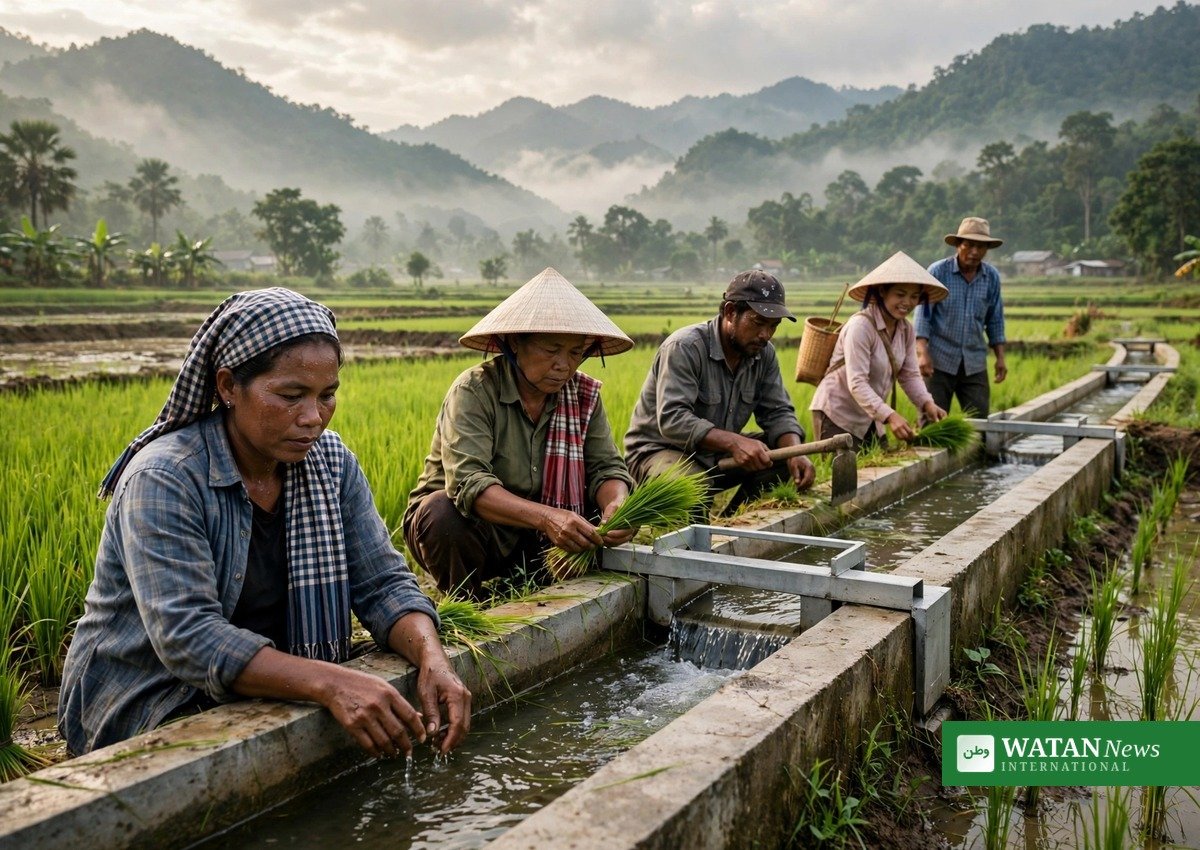 Cambodian smallholder farmers working in green rice fields