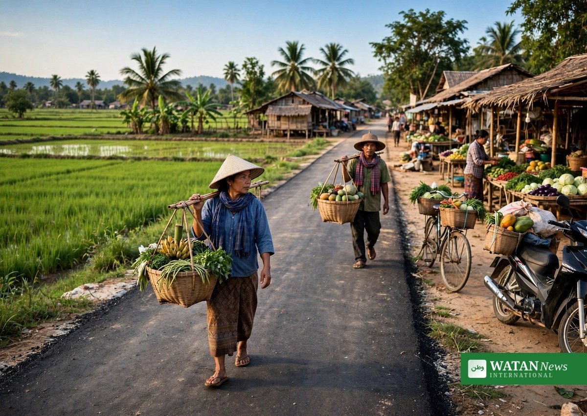 Cambodjanske småbønder arbejder i grønne rismarker ved en moderniseret vandingskanal