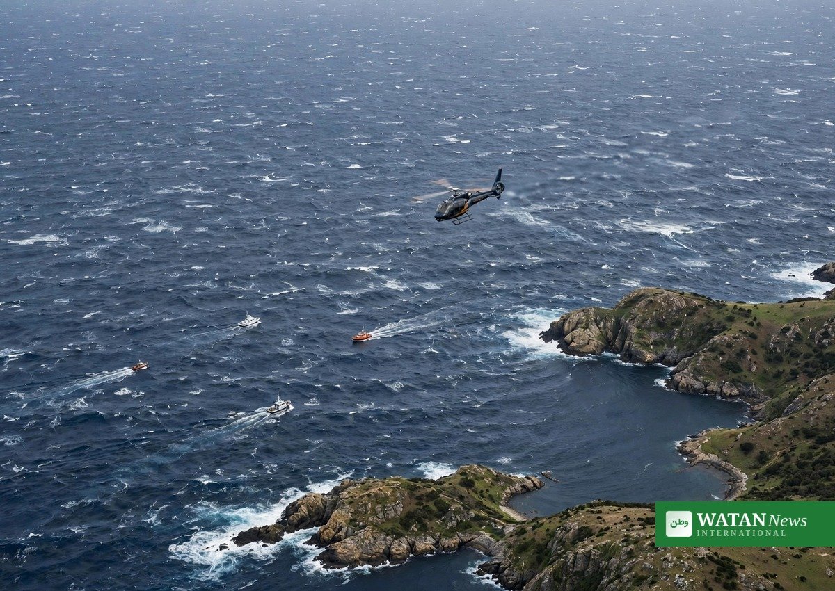 Aerial view of search vessels in the ocean search area for the missing medical plane debris