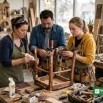 Seattle community volunteers repairing wooden furniture reuse workshop