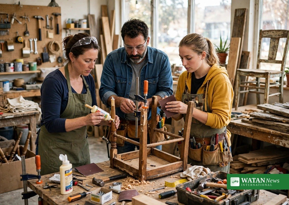 Seattle community volunteers repairing wooden furniture reuse workshop