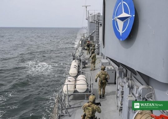 NATO warship with troops on deck during a Black Sea exercise