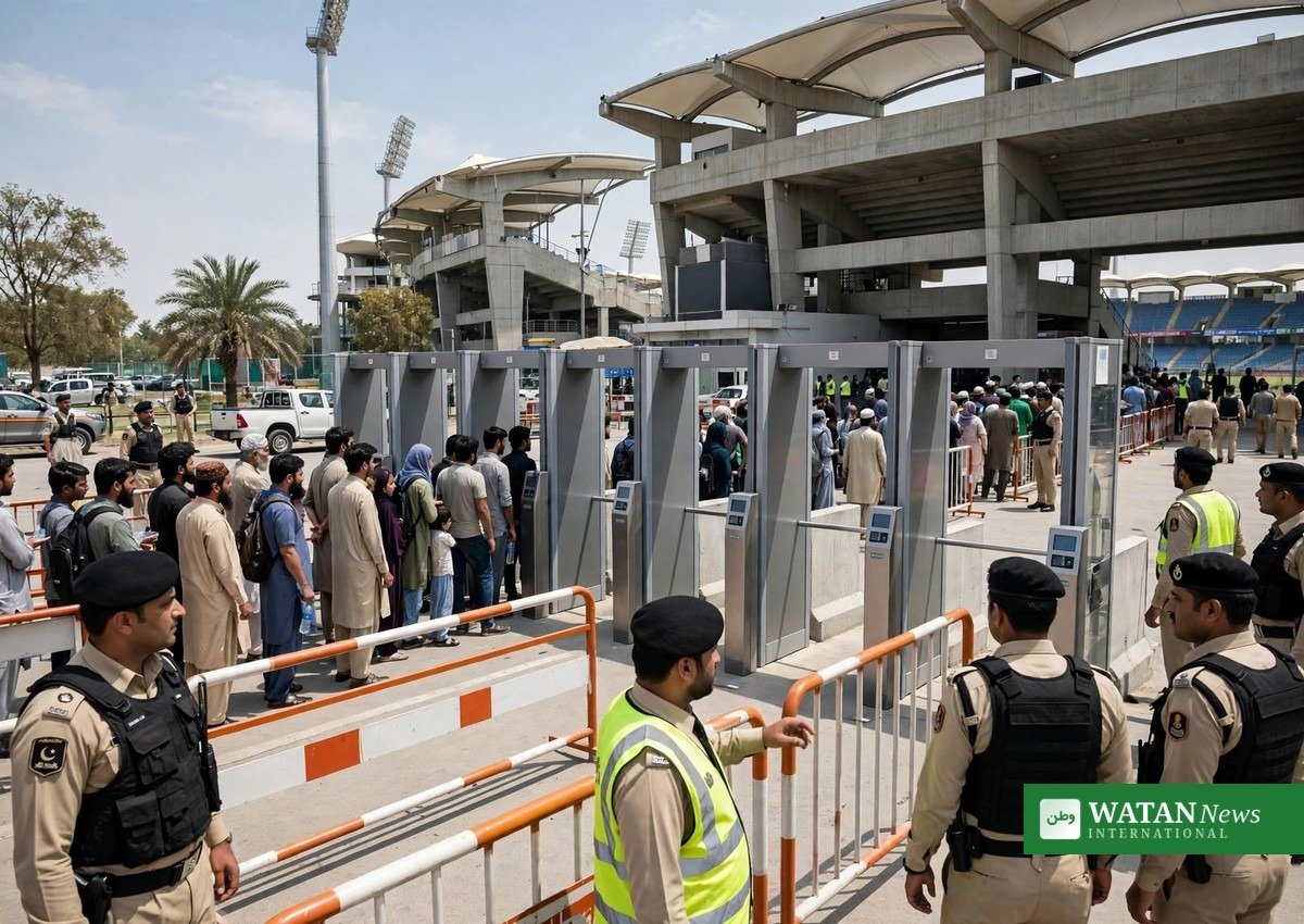 راولپنڈی کرکٹ اسٹیڈیم کے داخلی دروازے پر سکیورٹی چیک اور واک تھرو گیٹس