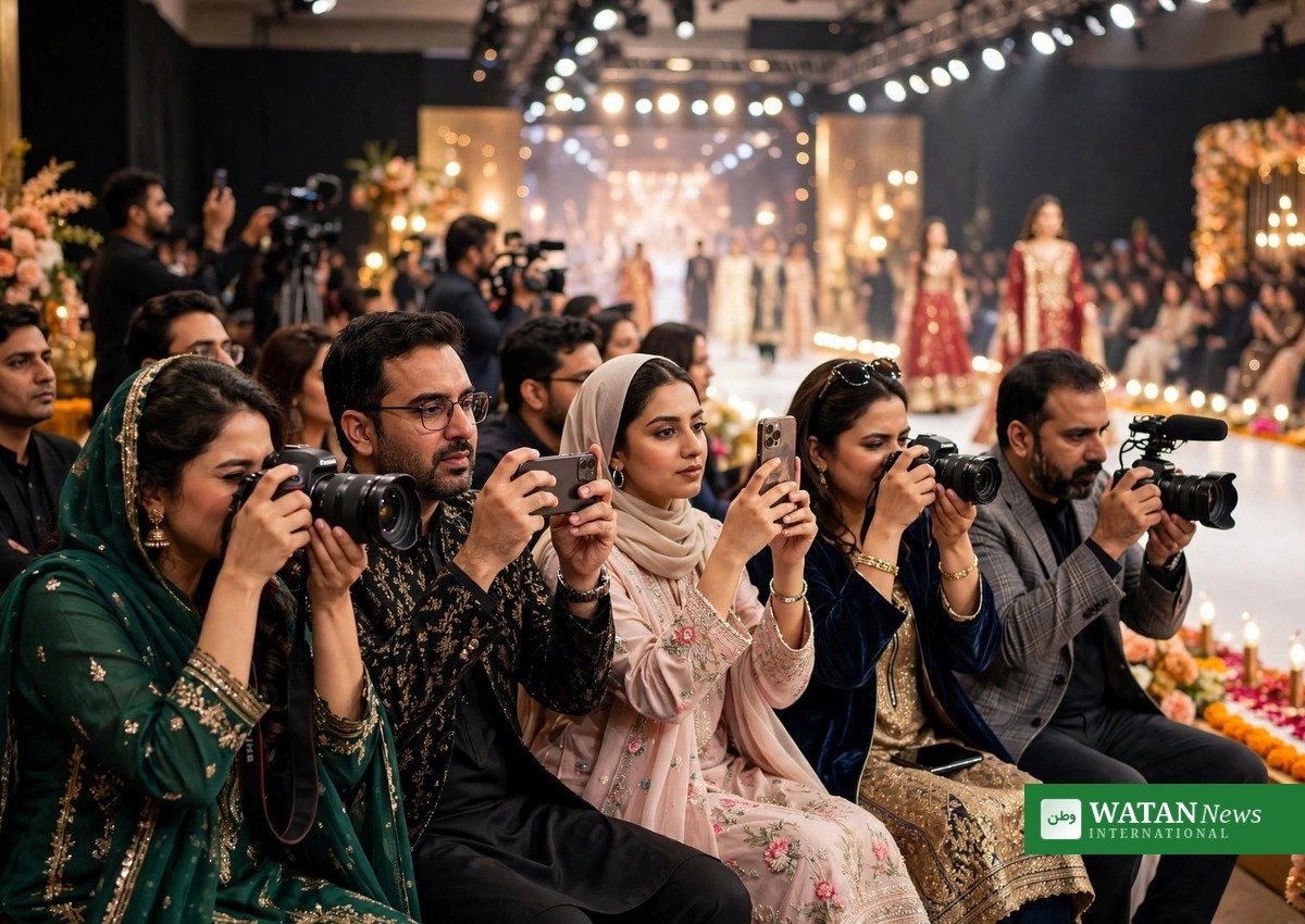 فیشن ویک میں سامعین اور میڈیا نمائندگان رن وے شو کی عکاسی کرتے ہوئے