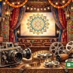 فلم کے سیٹ پر کیمرہ اور سنیما اسکرین کے ساتھ پنجابی ثقافتی رنگ