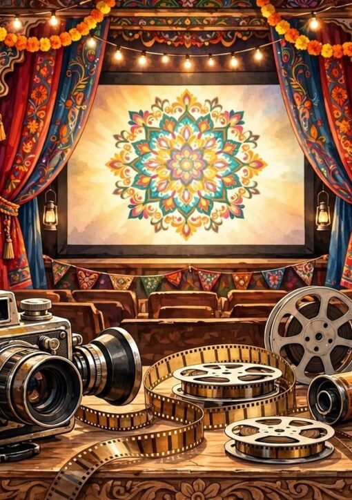 فلم کے سیٹ پر کیمرہ اور سنیما اسکرین کے ساتھ پنجابی ثقافتی رنگ