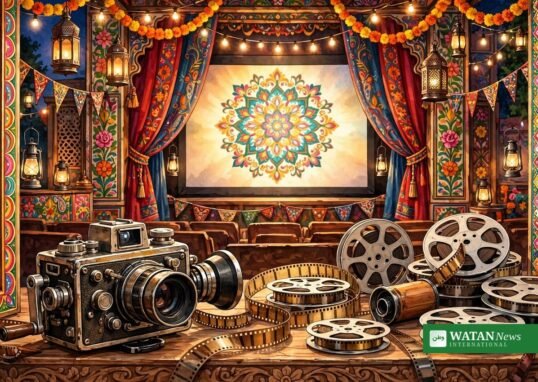 فلم کے سیٹ پر کیمرہ اور سنیما اسکرین کے ساتھ پنجابی ثقافتی رنگ