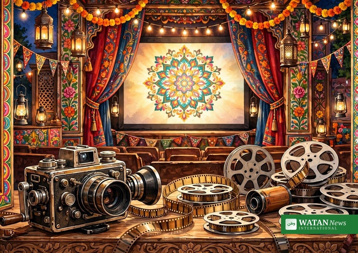 فلم کے سیٹ پر کیمرہ اور سنیما اسکرین کے ساتھ پنجابی ثقافتی رنگ