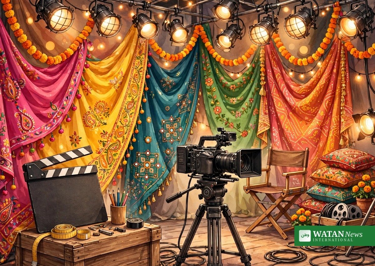 فلم کے سیٹ پر کیمرہ اور کلاپ بورڈ کے ساتھ پنجابی ثقافتی رنگوں کی جھلک
