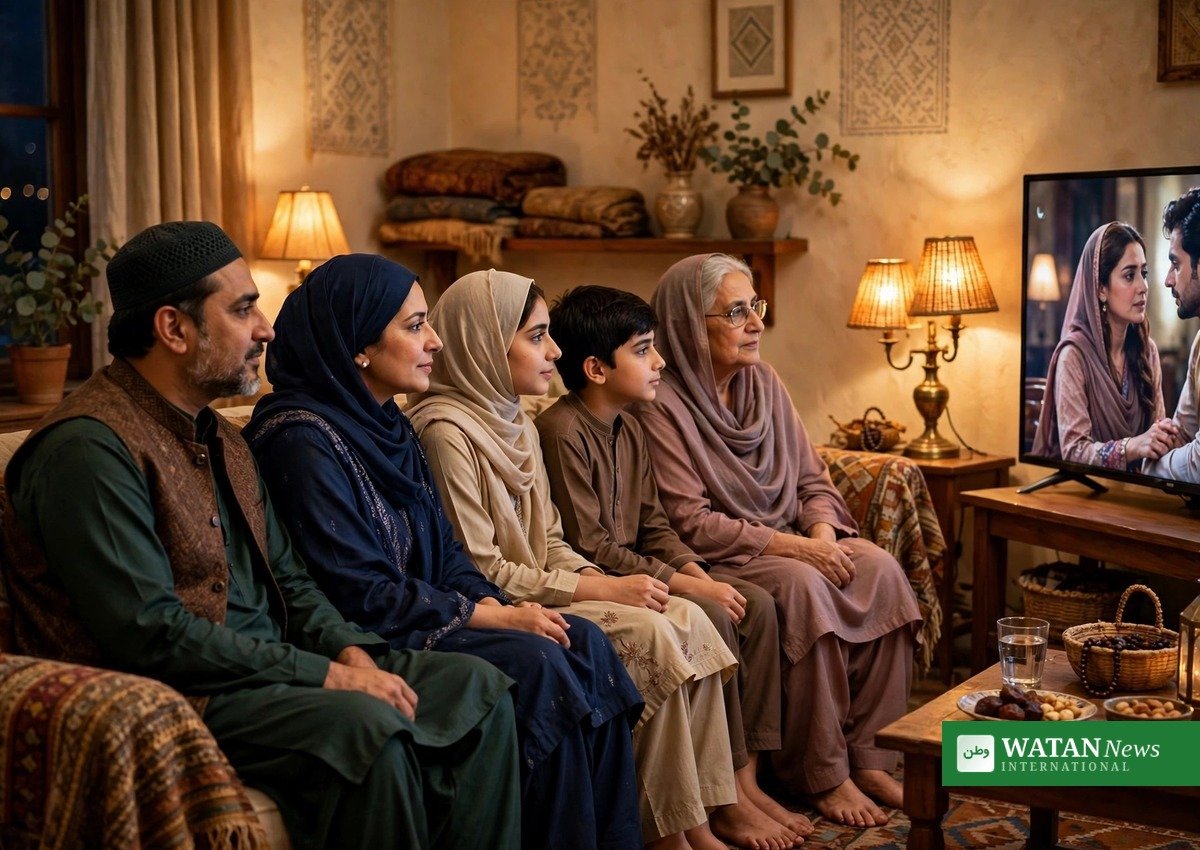 گھر میں خاندان کے ساتھ ٹیلی ویژن ڈراما دیکھنے کا پُرسکون منظر