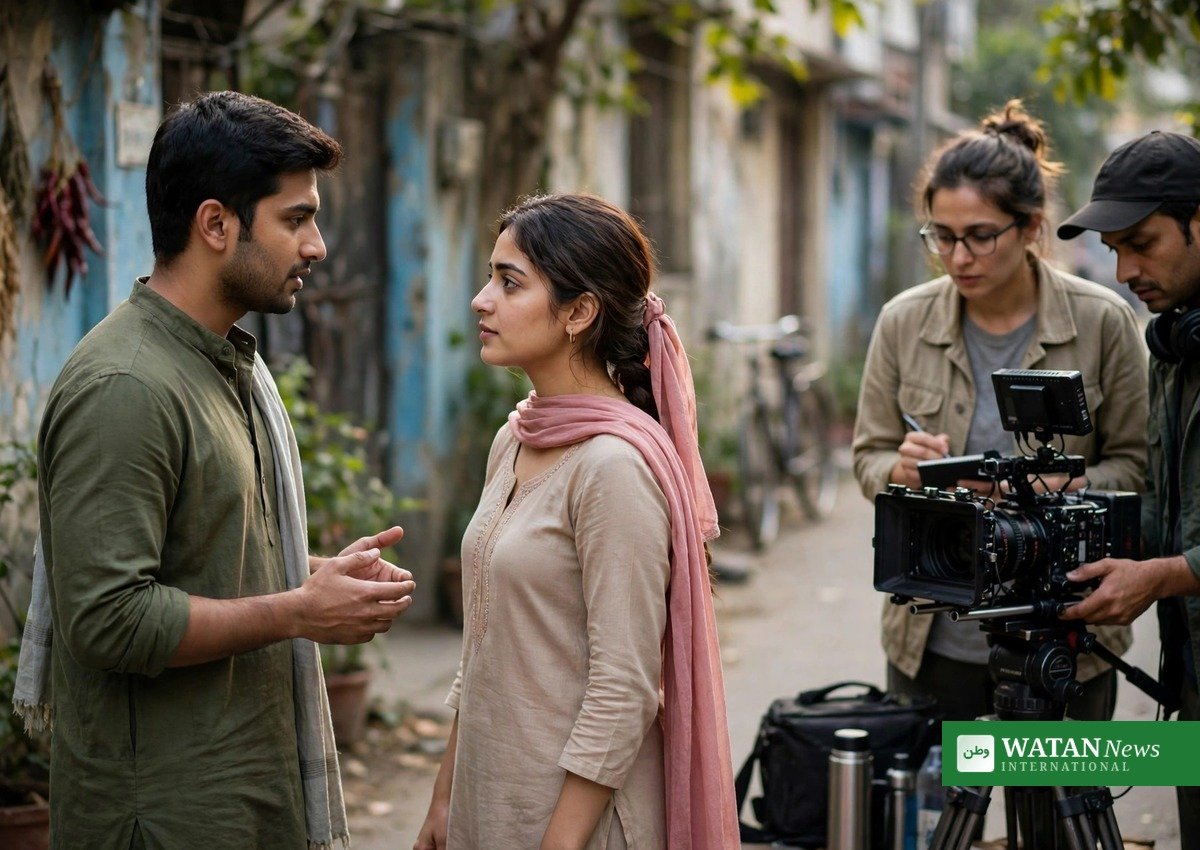 فلم کی شوٹنگ کے موقع پر کیمرے کے قریب کام کرتا ہوا ایک چھوٹا فلمی عملہ