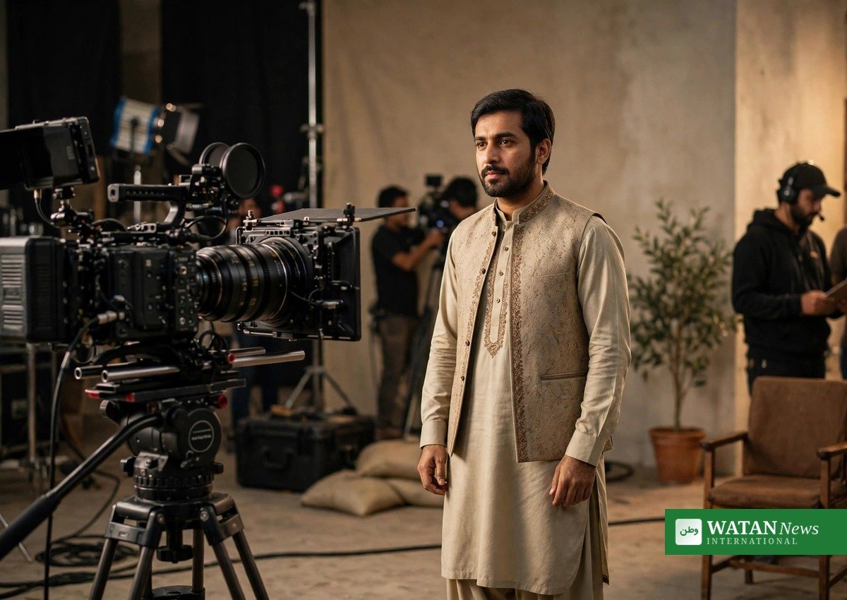 جدید فلم اسٹوڈیو کے اندر کیمرے پر کام کرتا ہوا فلمی عملہ
