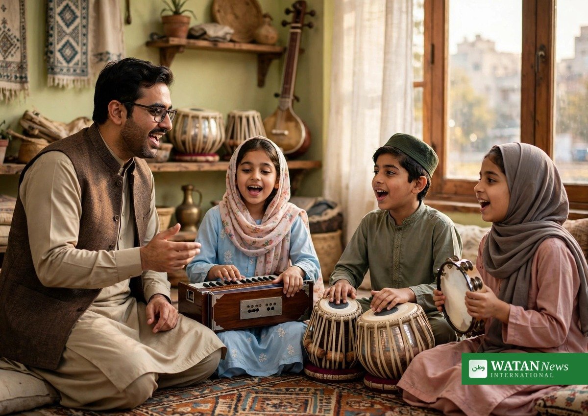 استاد کی رہنمائی میں میوزک اکیڈمی کے طلبا کی مشق