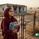 بند اسکول کے دروازے کے سامنے کتابیں تھامے اسکول کی طالبہ