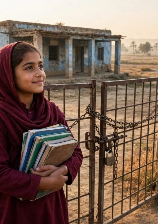 بند اسکول کے دروازے کے سامنے کتابیں تھامے اسکول کی طالبہ
