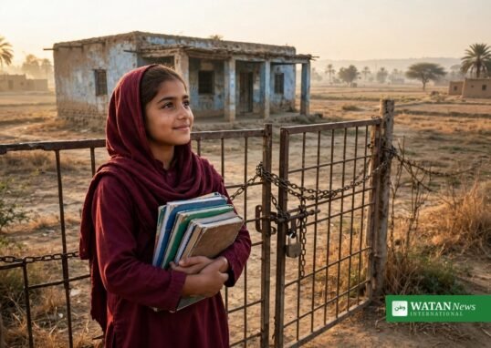 بند اسکول کے دروازے کے سامنے کتابیں تھامے اسکول کی طالبہ