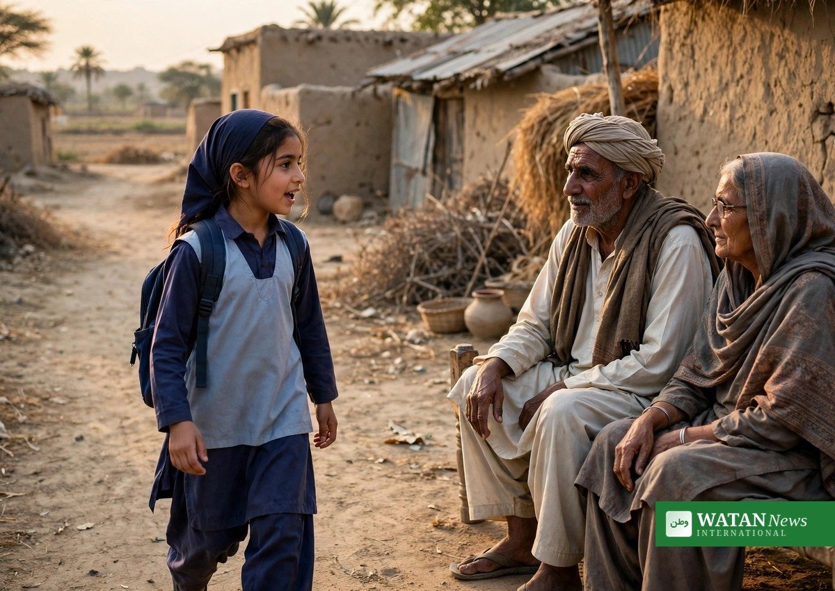 گاؤں کی گلی میں اسکول کی طالبہ