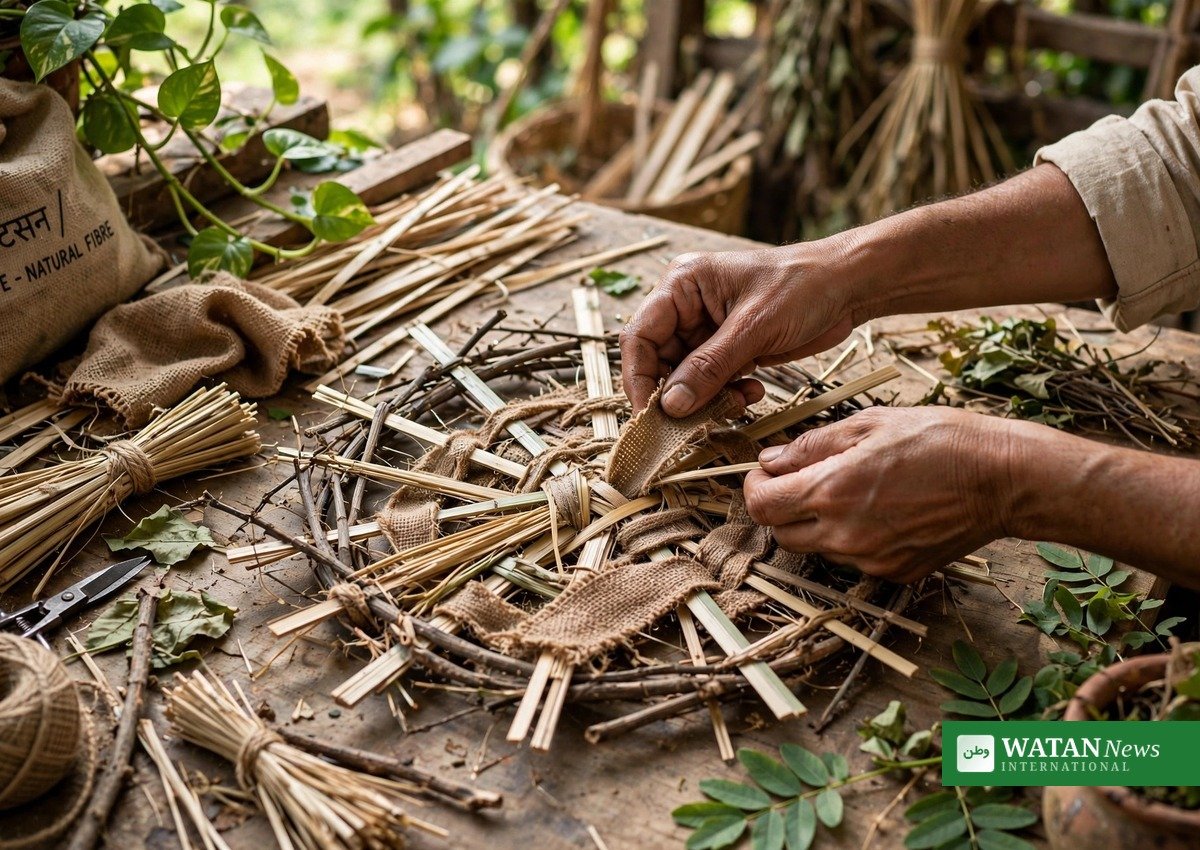 Craftsman weaving recycled bamboo and jute into eco-friendly pandal decoration