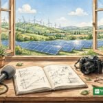SJN MIT klimajournalistik stipendiat: reporters skrivebord med kamera og mikrofon foran vindmøller og solceller