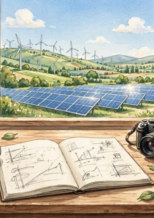 SJN MIT klimajournalistik stipendiat: reporters skrivebord med kamera og mikrofon foran vindmøller og solceller
