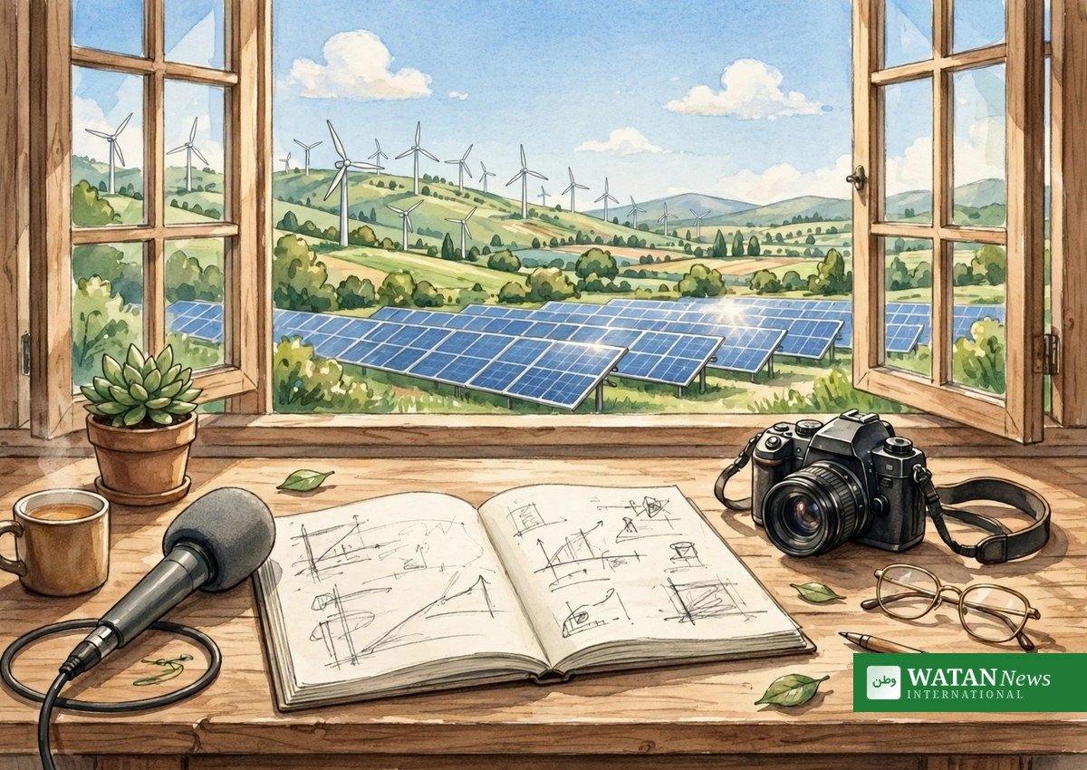 SJN MIT klimajournalistik stipendiat: reporters skrivebord med kamera og mikrofon foran vindmøller og solceller