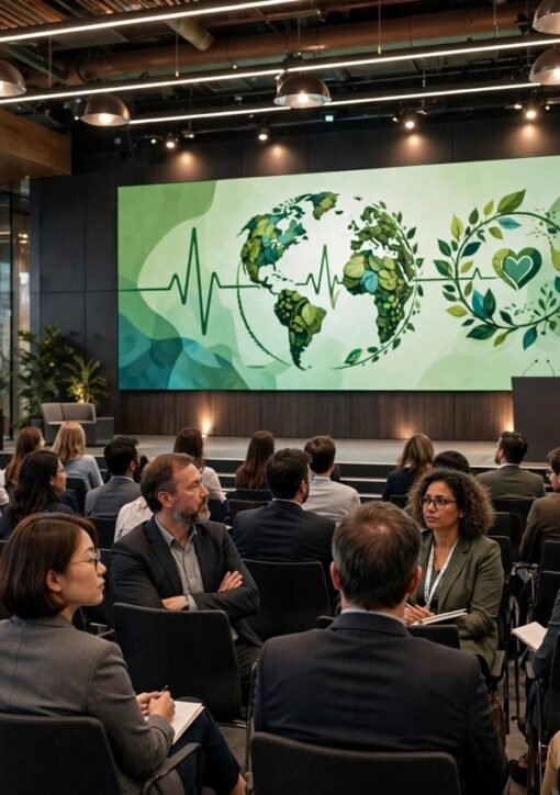 Audience at an international health and climate conference with a green earth-and-health motif on stage screen
