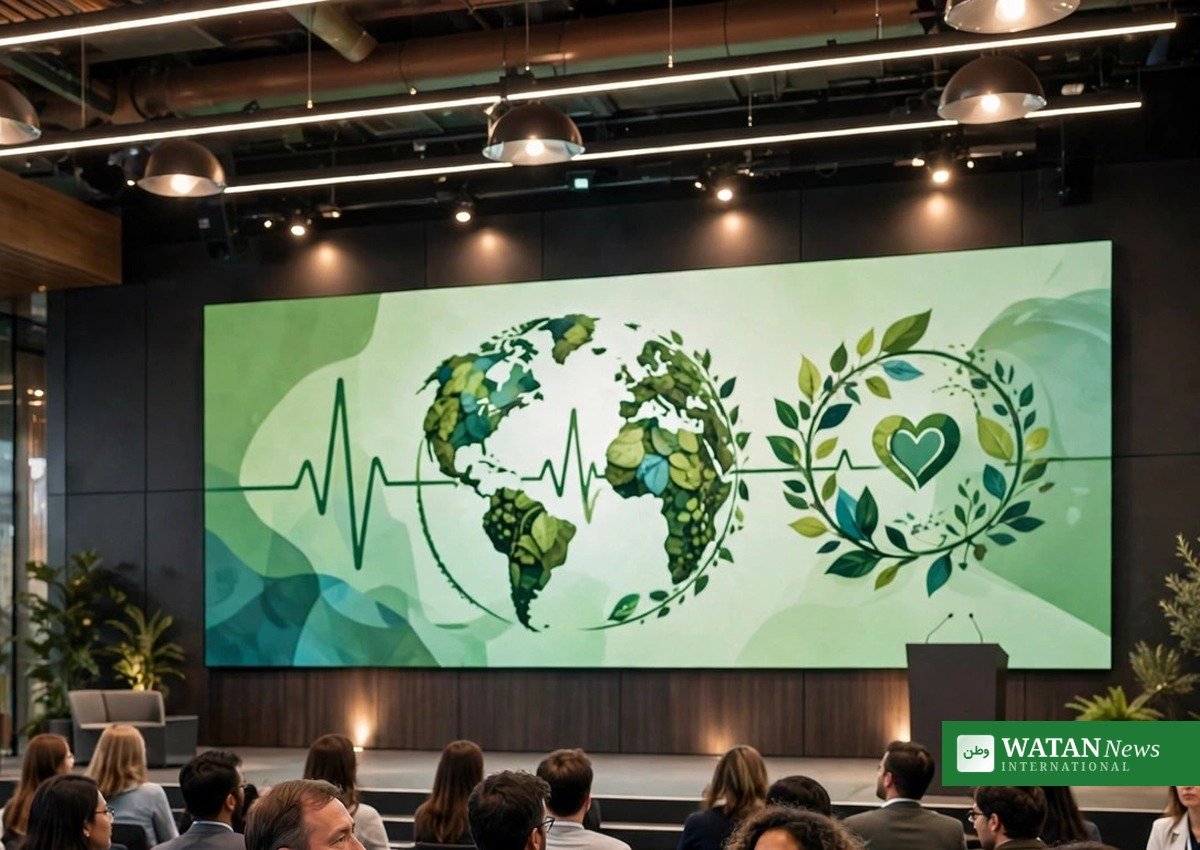 Stage screen with green earth and health imagery at the climate and health conference