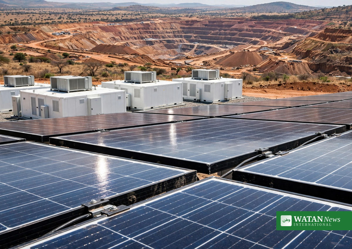 Solar panels and battery storage containers at the Kamoa copper mine in DR Congo