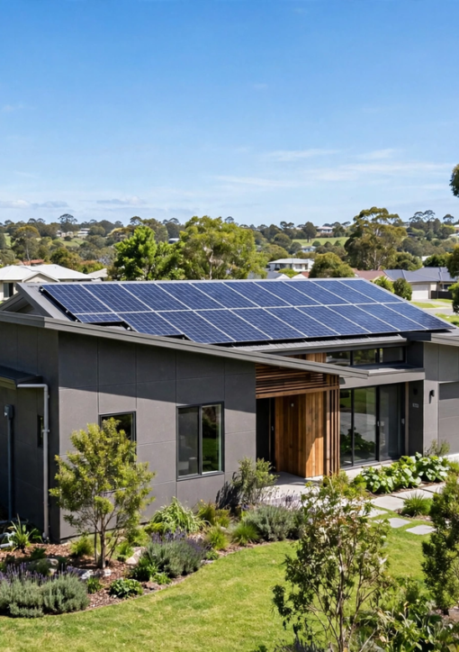 Moderne energieffektivt hus med solceller på taget og grøn have