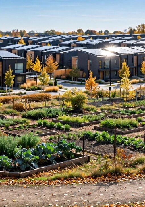 Net-nul bæredygtige boliger med solceller på taget og en fælleshave i et moderne boligbyggeri