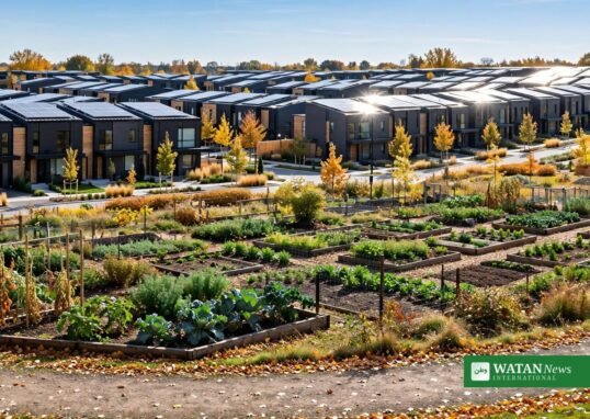 Net-nul bæredygtige boliger med solceller på taget og en fælleshave i et moderne boligbyggeri