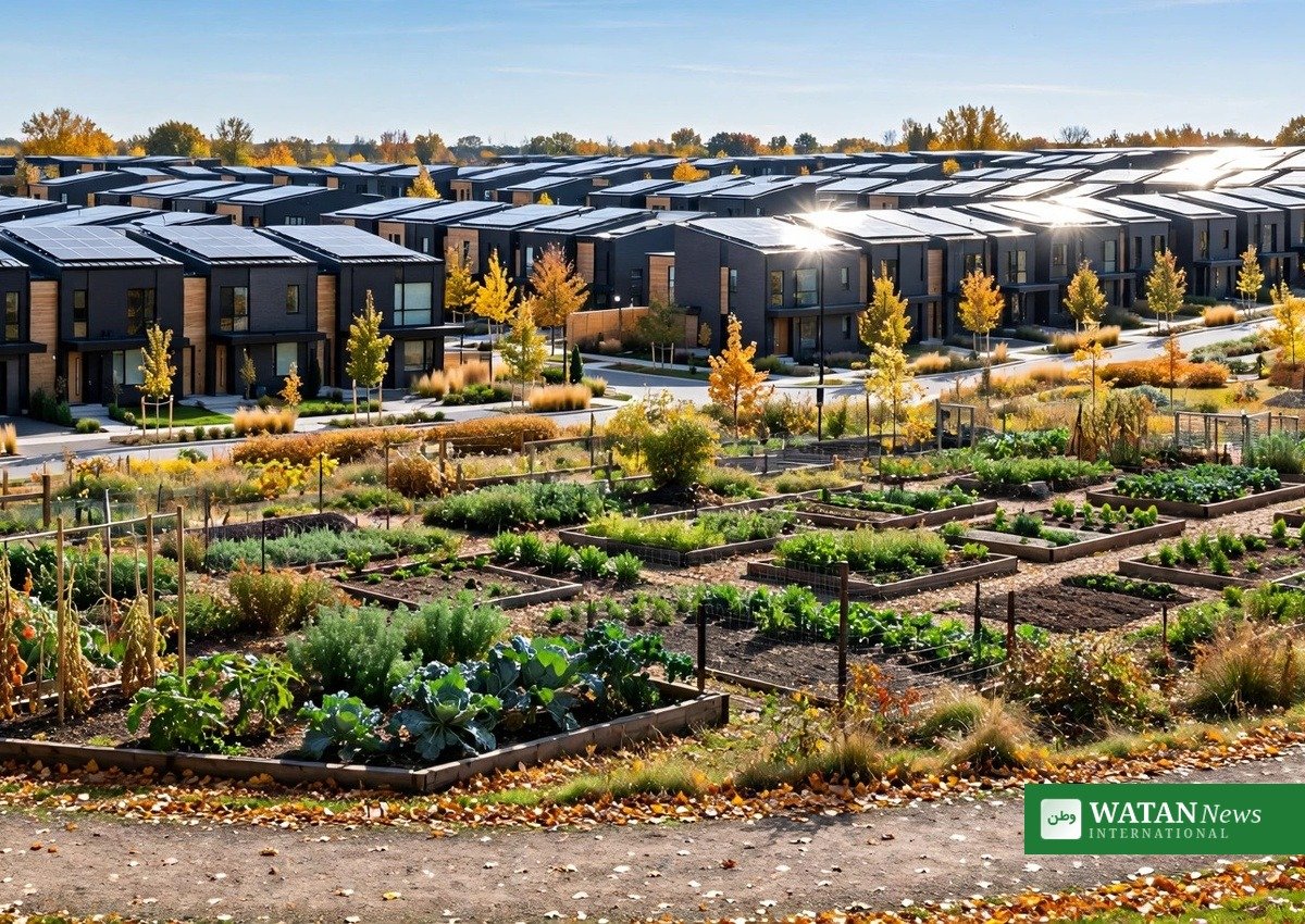 Net-zero sustainable homes with rooftop solar panels and a community garden in a modern housing development