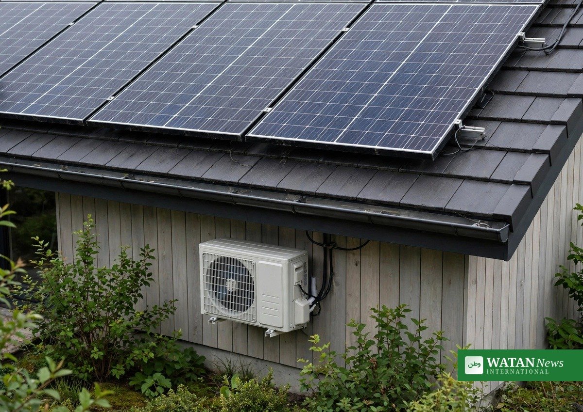 Rooftop solar panels and a heat pump unit on a sustainable home