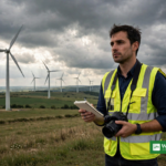 Journalist with camera and notebook reporting in front of wind turbines under a dramatic sky