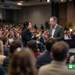 Journalist interviewer en taler på scenen ved en international klimakonference — WCSJ2027 rejselegatet finansierer videnskabs- og klimajournalisters deltagelse i WCSJ2027 i London