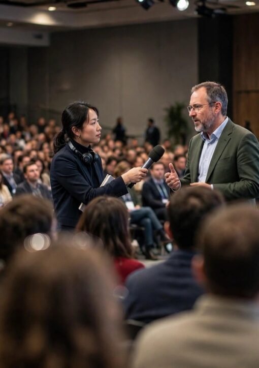 Journalist interviewer en taler på scenen ved en international klimakonference — WCSJ2027 rejselegatet finansierer videnskabs- og klimajournalisters deltagelse i WCSJ2027 i London