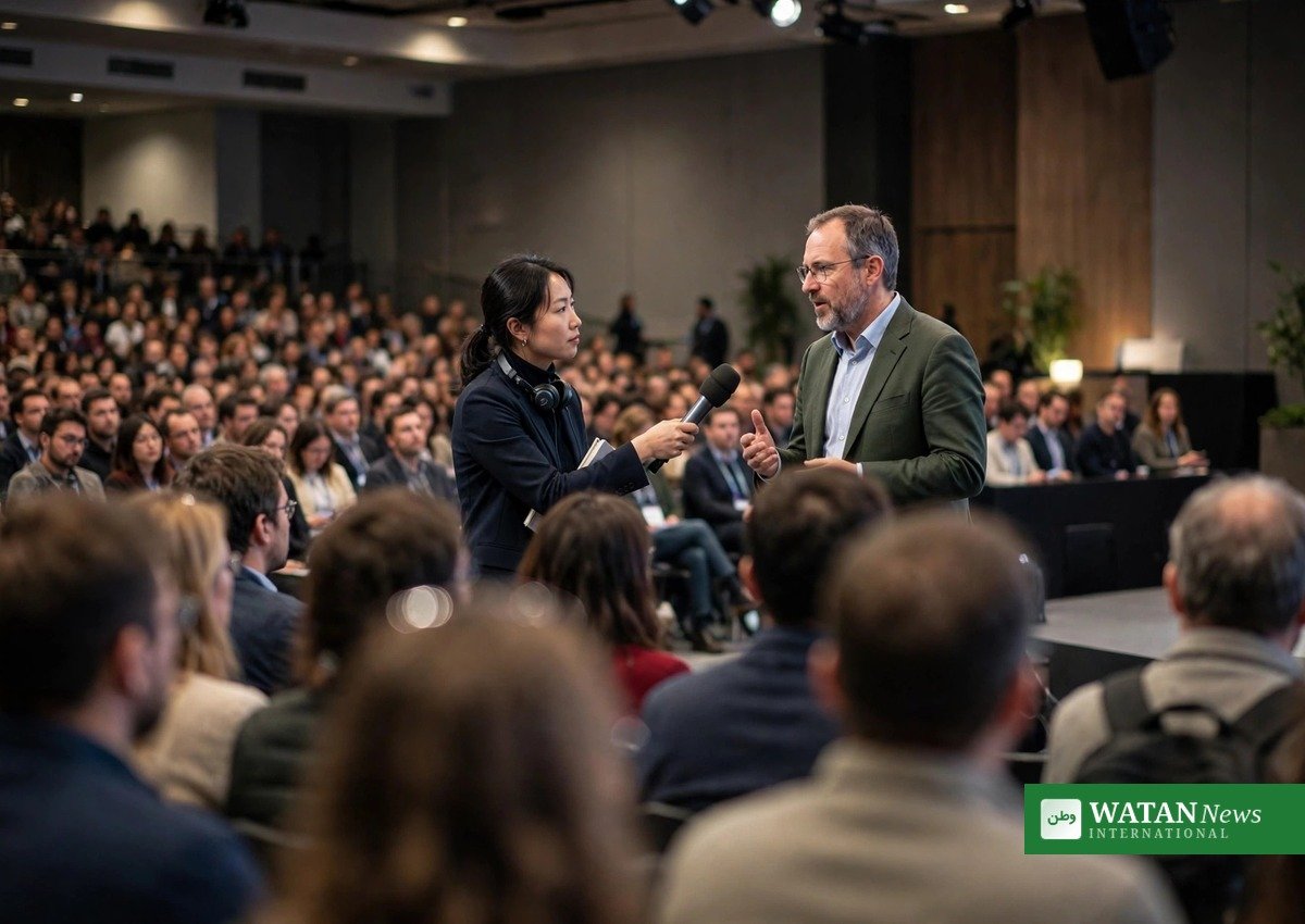 Journalist interviewer en taler på scenen ved en international klimakonference — WCSJ2027 rejselegatet finansierer videnskabs- og klimajournalisters deltagelse i WCSJ2027 i London
