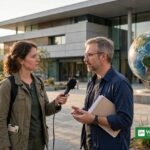 Environmental journalist interviewing a climate scientist at a conference — the WCSJ2027 Travel Fellowship funds science and climate journalists to attend WCSJ2027 in London