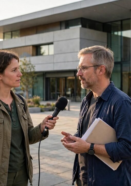Environmental journalist interviewing a climate scientist at a conference — the WCSJ2027 Travel Fellowship funds science and climate journalists to attend WCSJ2027 in London