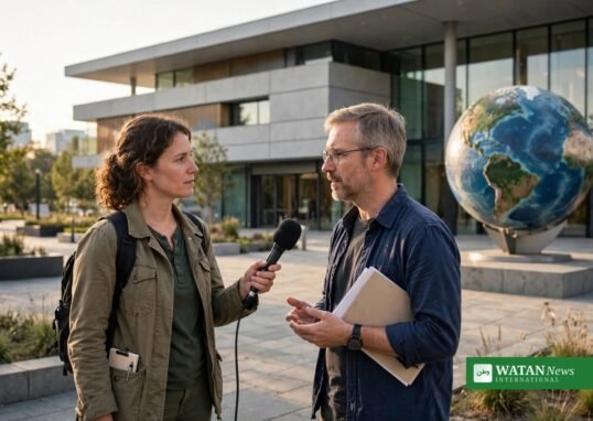 Environmental journalist interviewing a climate scientist at a conference — the WCSJ2027 Travel Fellowship funds science and climate journalists to attend WCSJ2027 in London