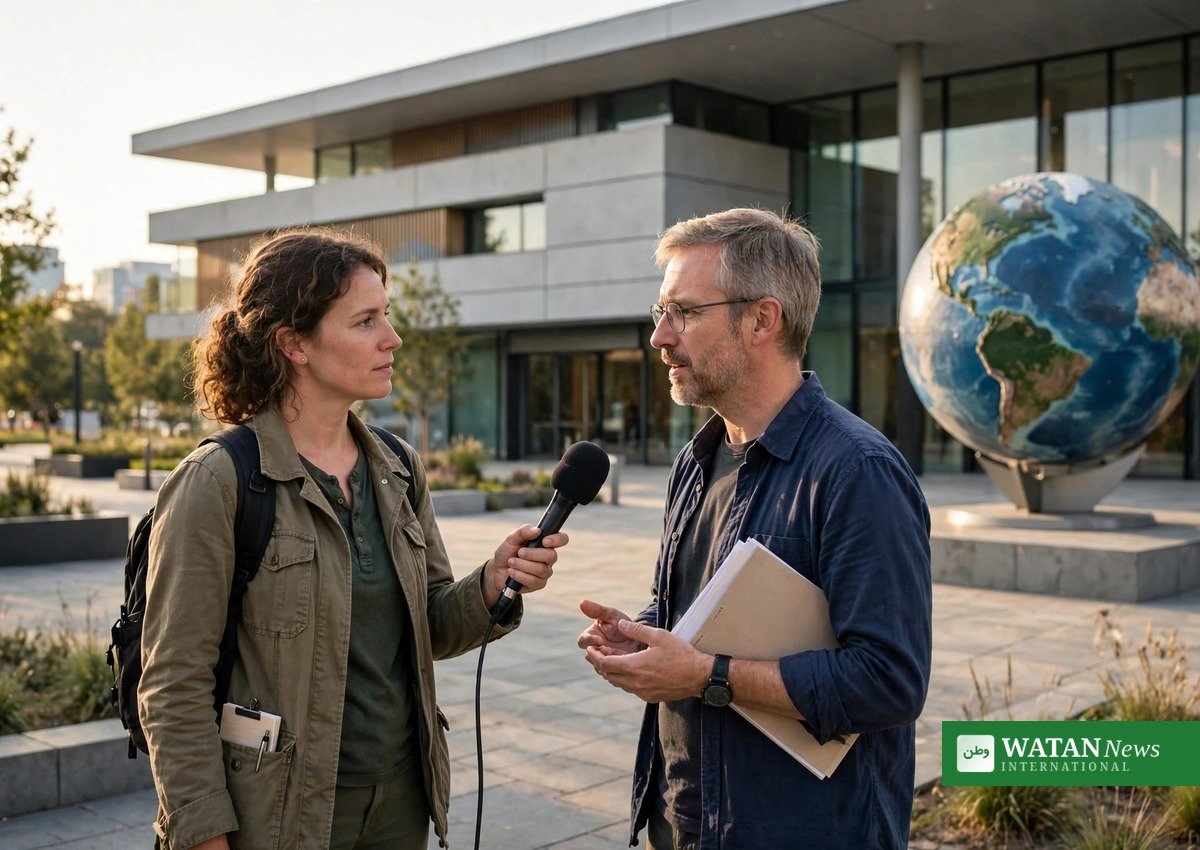 Environmental journalist interviewing a climate scientist at a conference — the WCSJ2027 Travel Fellowship funds science and climate journalists to attend WCSJ2027 in London