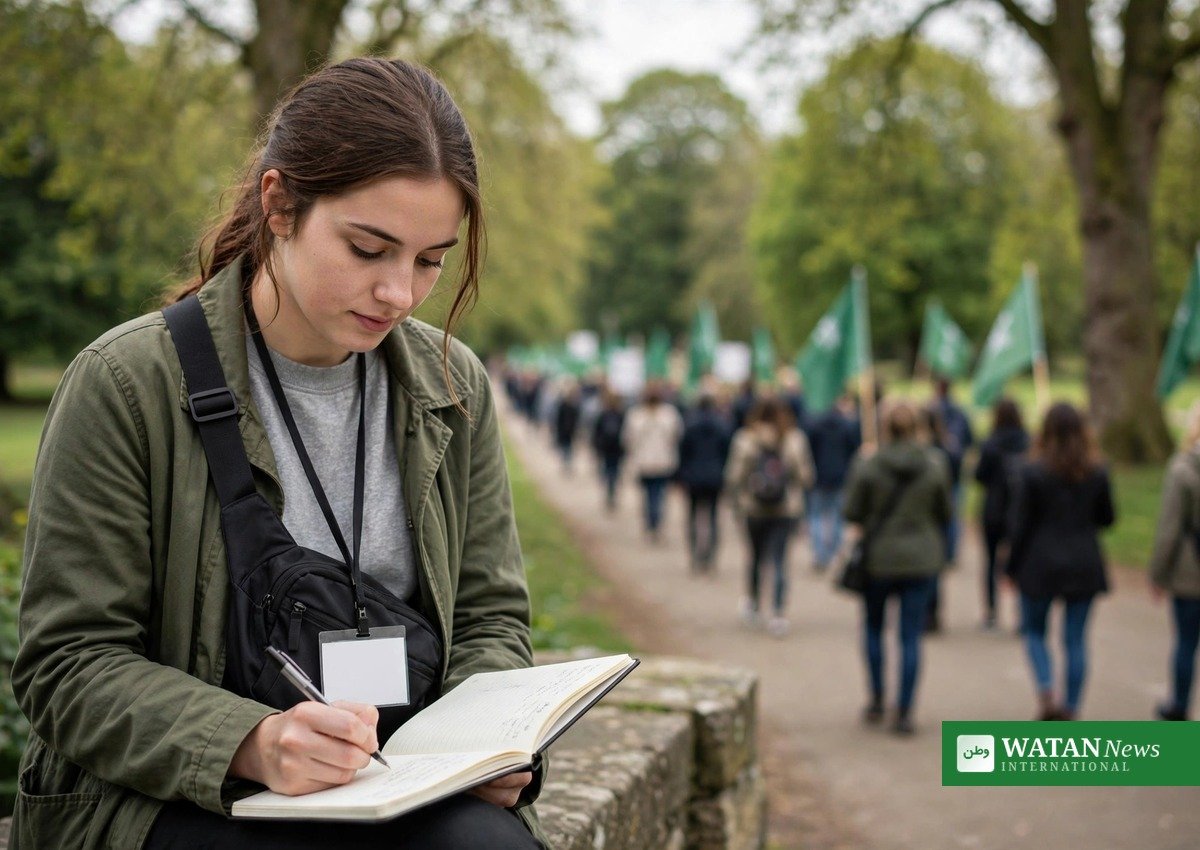 Ung reporter skriver noter under en udendørs klimabegivenhed — WCSJ2027 rejselegatet kræver eksempler på publiceret journalistik fra de seneste to år
