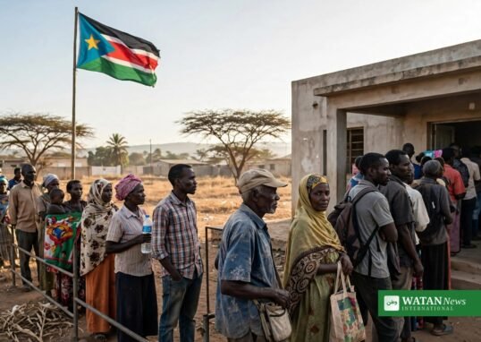 Voters queue at a polling station in Juba ahead of the South Sudan elections