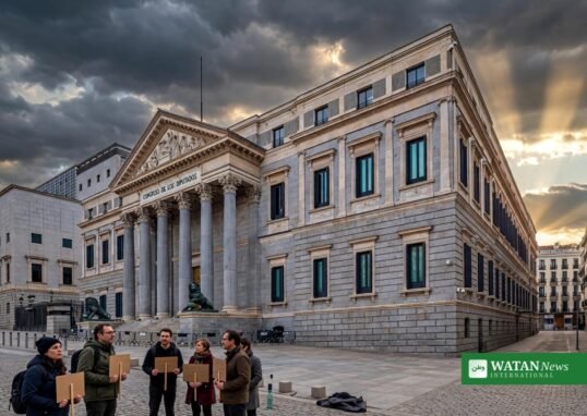 Spain snap election: demonstrators with placards outside the Palacio de las Cortes, Spain's parliament, in Madrid