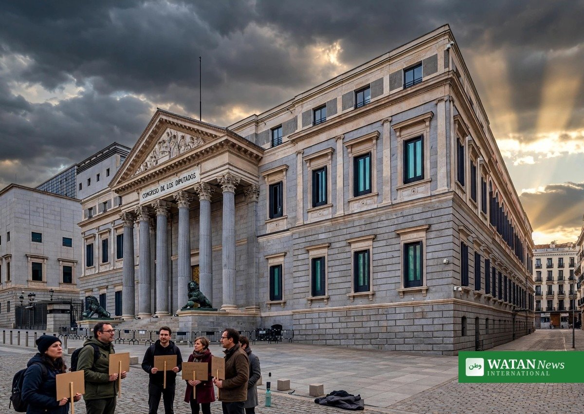 Spain snap election: demonstrators with placards outside the Palacio de las Cortes, Spain's parliament, in Madrid
