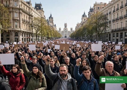 Spain housing protests: massive march on a Madrid boulevard as demonstrators raise house keys