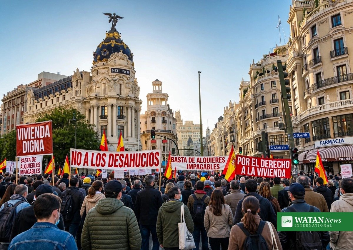 spansk valg: demonstranter i Madrid med bannere mod boligkrisen